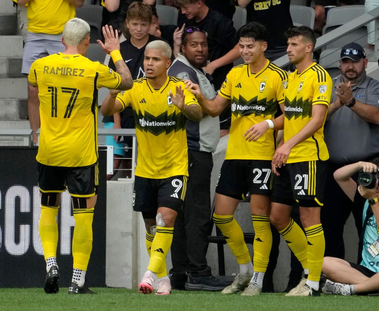 August 17, 2024; Columbus, Ohio, USA; 
Columbus Crew forward Christian Ramirez (17) celebrates with Columbus Crew forward Cucho Hernandez (9) who scored a goal to tie the score 1-1 against New York City FC during the first half of a Leagues Cup quarterfinal match at Lower.com Field.