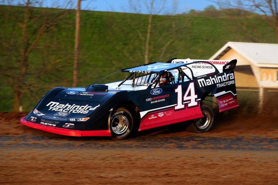 Chase Briscoe scrambles to ride the rim in Super Late Model action at Brownstown Speedway on Wednesday, April 27.