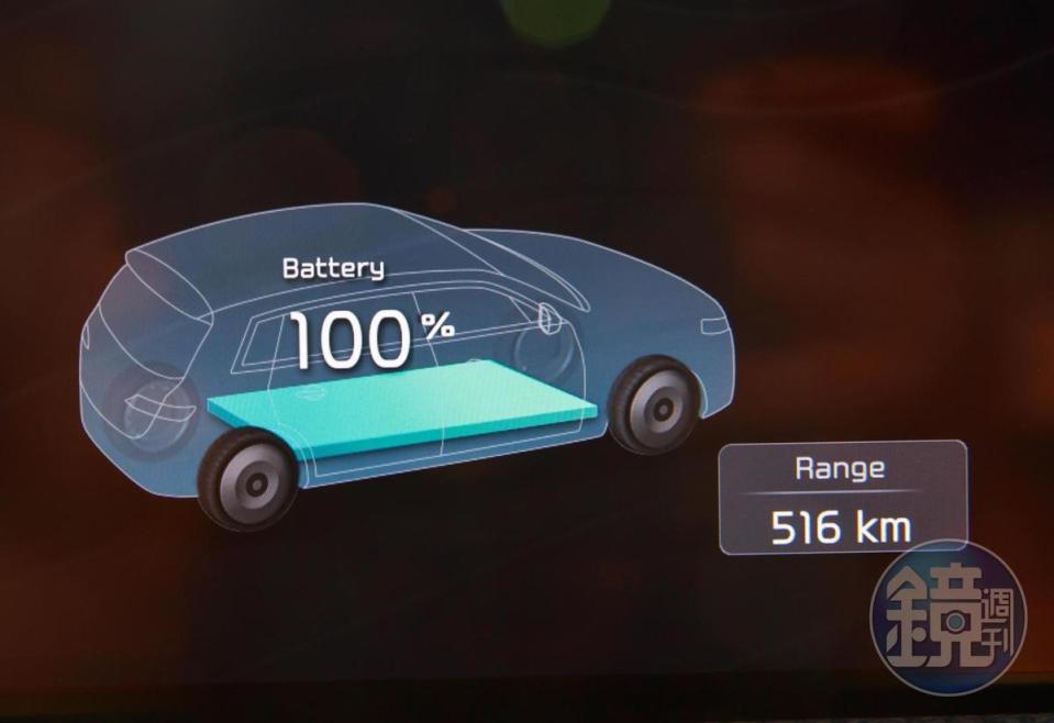 每一台車出發時都已是滿電狀態，旅程電腦也已歸零，不過每部車所顯示的可行駛參考里程也各有差異，我們這部車顯示為516公里。（行駛里程0公里，餘電100％）