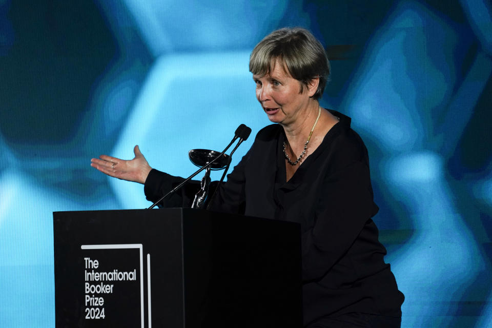 Jenny Erpenbeck, author of 'Kairos', speaks after winning the International Booker Prize, in London, Tuesday, May 21, 2024. (AP Photo/Alberto Pezzali)