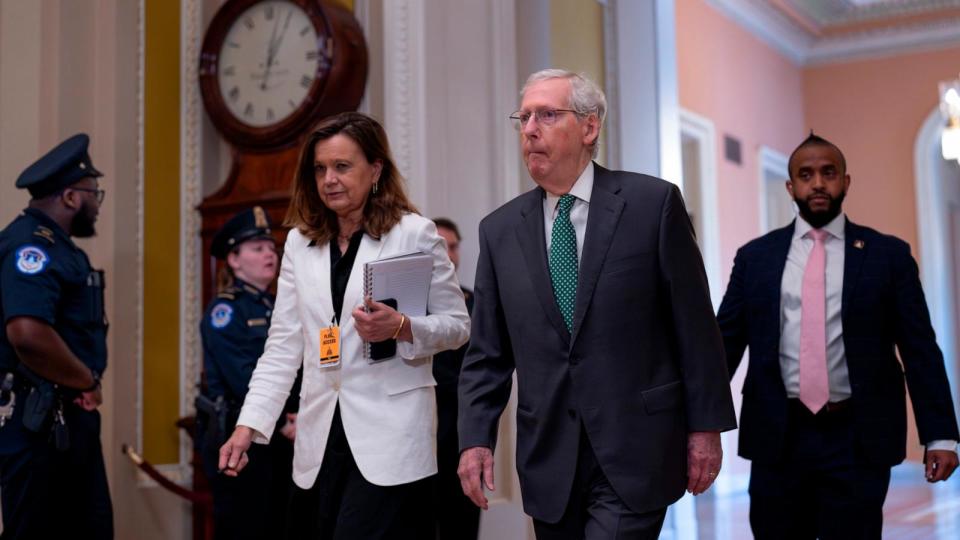 PHOTO: Senate Minority Leader Mitch McConnell arrives as the Senate convenes for the impeachment trial of Homeland Security Secretary Alejandro Mayorkas at the Capitol in Washington, Apr. 17, 2024. (J. Scott Applewhite/AP)