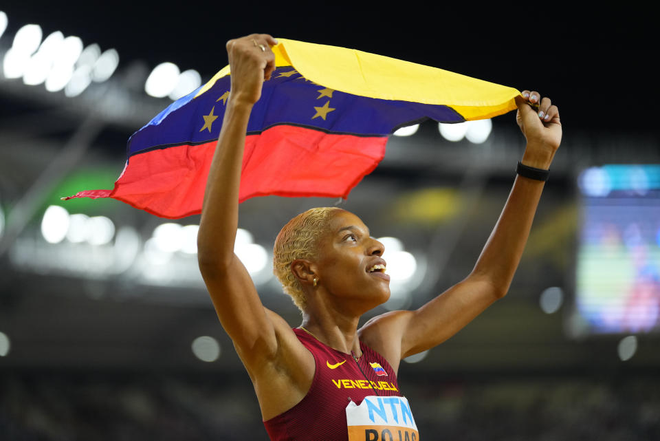 Yulimar Rojas, of Venezuela, celebrates after winning the Women's triple jump final during the World Athletics Championships in Budapest, Hungary, Friday, Aug. 25, 2023.(AP Photo/Petr David Josek)