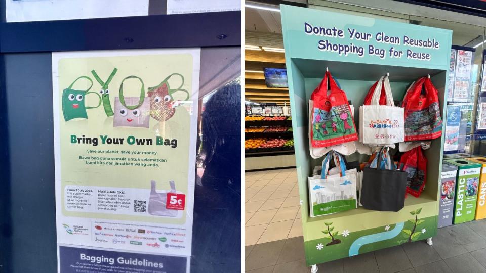 Posters to raise awareness about the disposable carrier bag charge at outlets, HDB, and condo lift lobbies and installation of reusable bag racks in selected supermarket outlets to support shoppers.