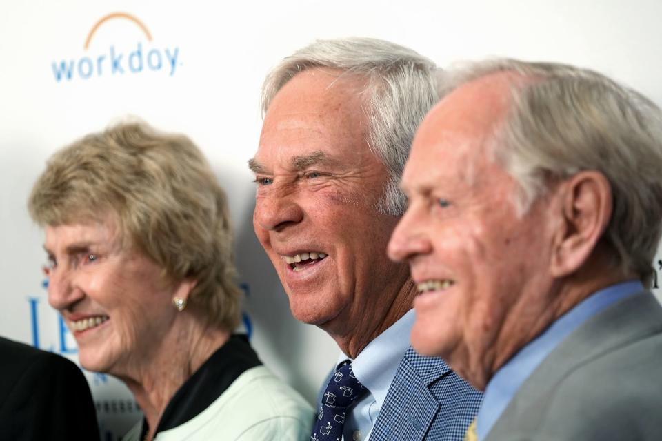 From left: Barbara Nicklaus, Ben Crenshaw and Jack Nicklaus pose for photos after the 12th annual Legends Luncheon held at the Ohio Union at The Ohio State University on Wednesday, April 13,. 2022.