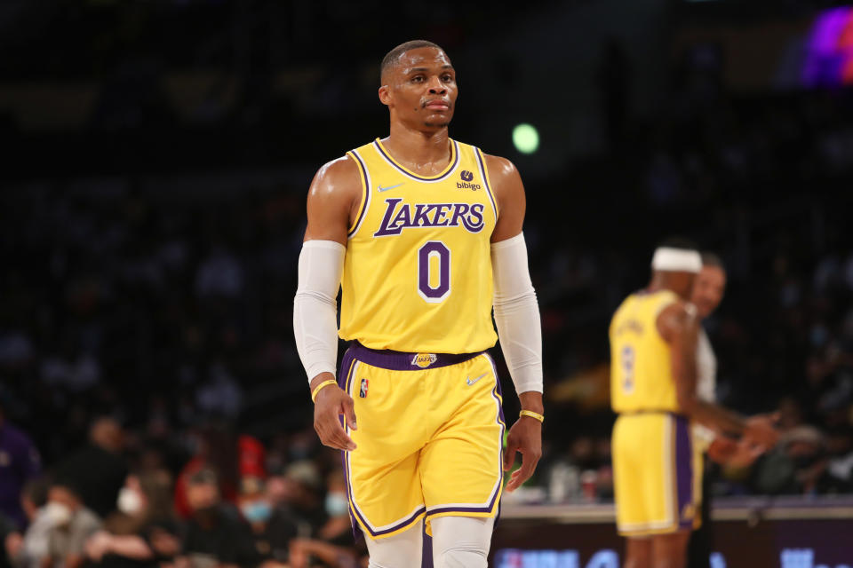 Los Angeles Lakers guard Russell Westbrook turned the ball over 20 times in his first three preseason games. (Kiyoshi Mio/USA TODAY Sports)