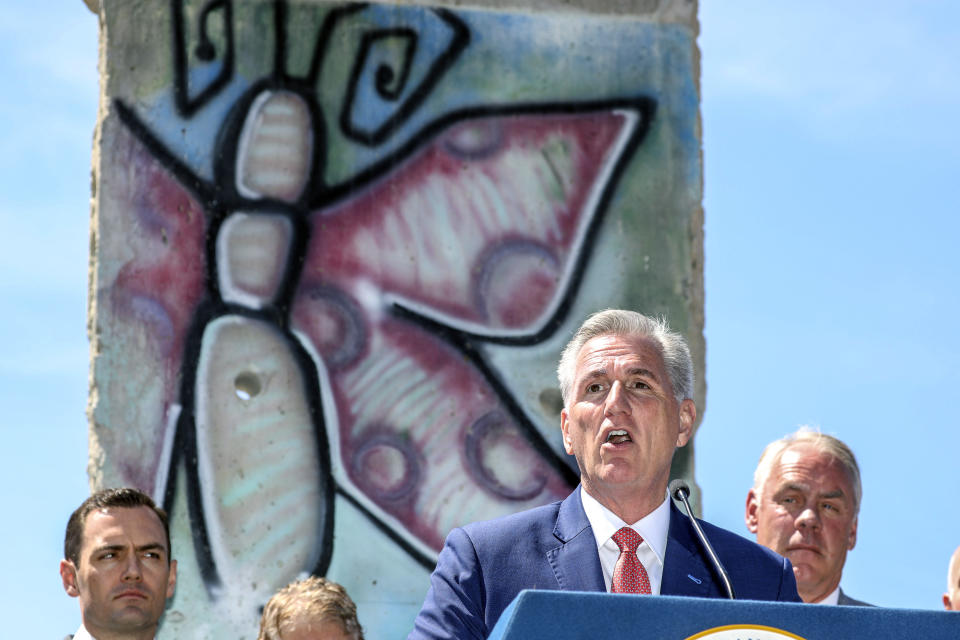 House Speaker Kevin McCarthy, R-Calif., speaks during a bipartisan press conference after meeting with Taiwanese President Tsai Ing-wen at the Ronald Reagan Presidential Library in Simi Valley, Calif., Wednesday, April 5, 2023. (AP Photo/Ringo H.W. Chiu)