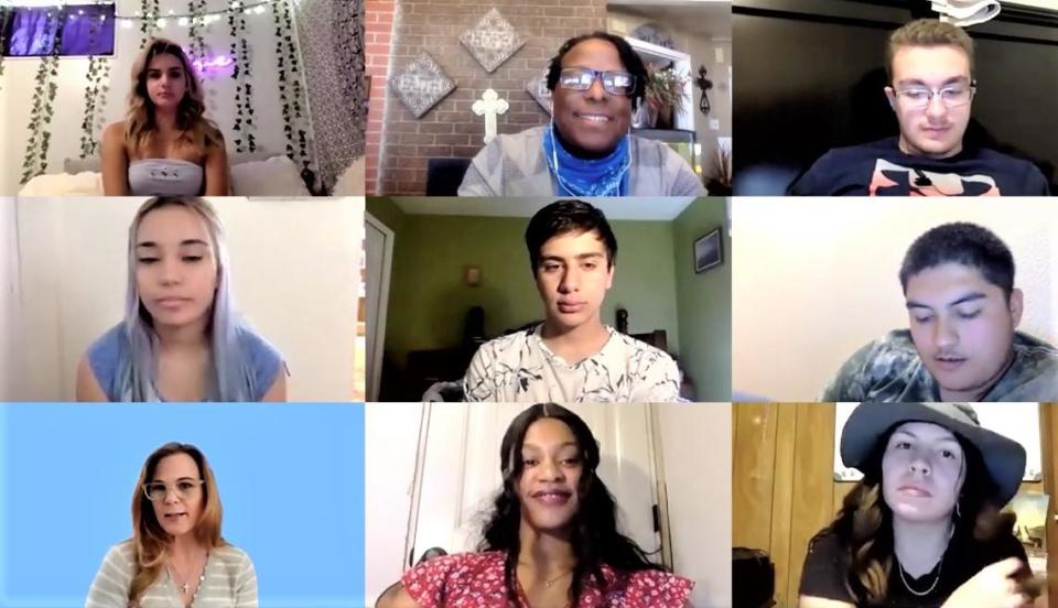 Emmy Award-winning actress Gina Tognoni, at left in the bottom row, engages with Pueblo Arts Academy students via ZOOM in a workshop in 2020.