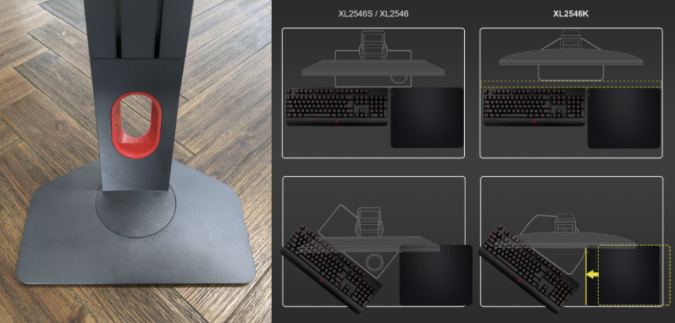 L: Base of the monitor. R: Smaller base illustration versus a larger one. 
