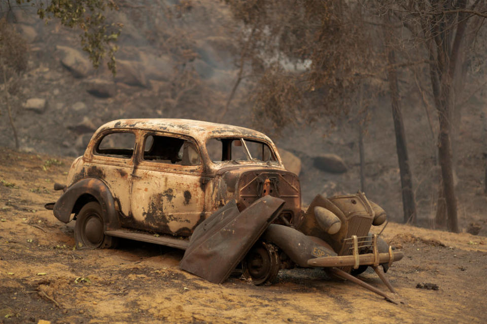 A burned car sits completely destroyed after the Creek Fire swept through the area on September 8, 2020 near Shaver Lake, CaliforniaGetty Images