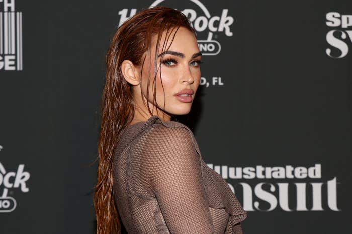 Celebrity Megan Fox poses at an event in a sheer, glittery dress with wet-look hair