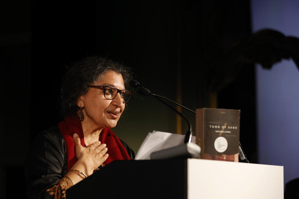 Author Geetanjali Shree delivers her acceptance speech after winning the 2022 International Booker Prize for her novel 'Tomb of Sand' in London, Thursday, May 26, 2022. (AP Photo/David Cliff)