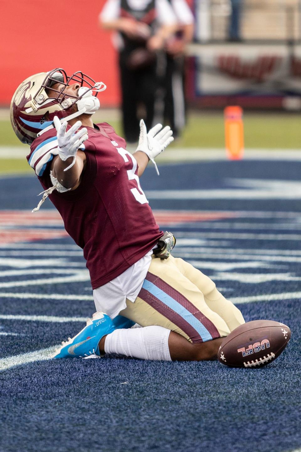 Michigan Panthers running back Reggie Corbin celebrates his touchdown run against the Pittsburgh Maulers during the second half May 1 at Protective Stadium in Birmingham Alabama.