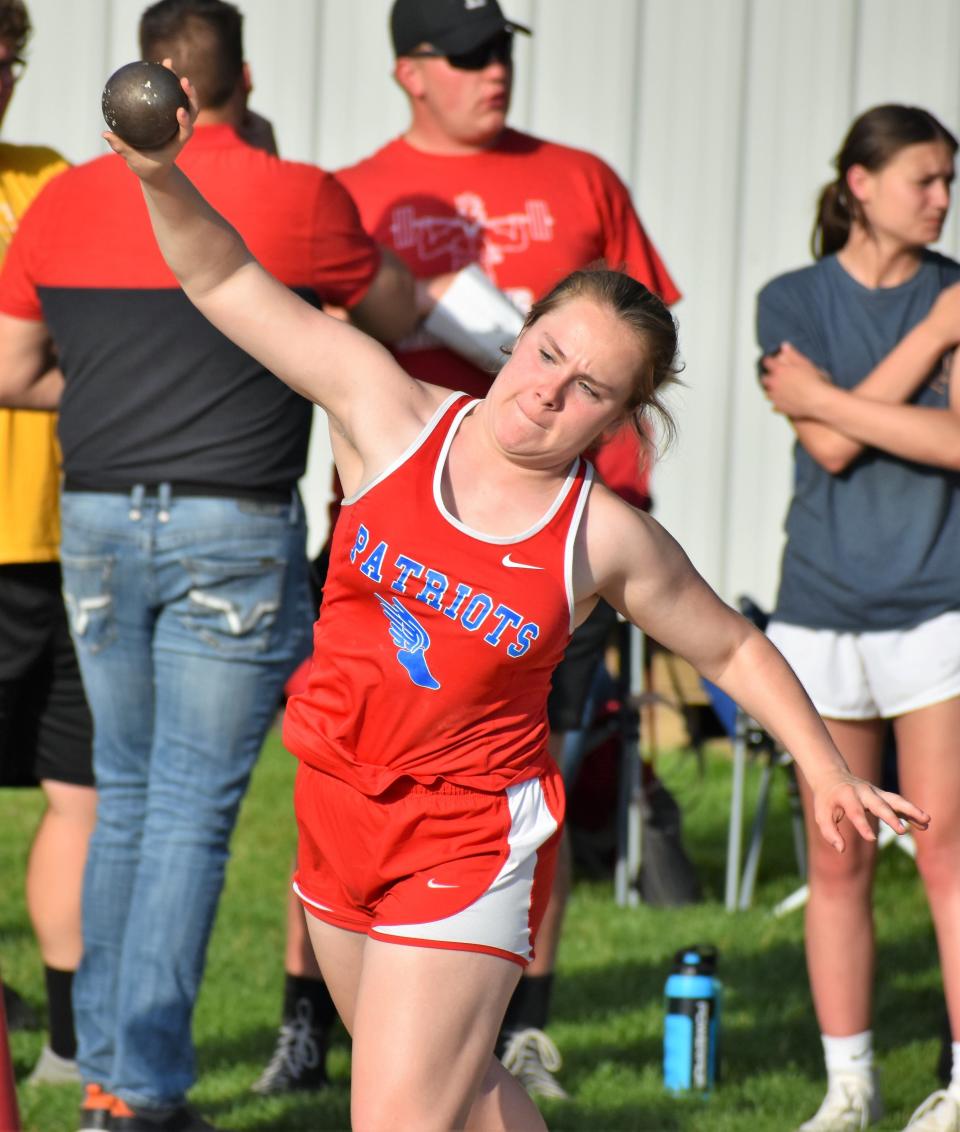 Owen Valley's Katlyn Robinson competes in the shot put at the Bloomington North sectional on May 17, 2022.
