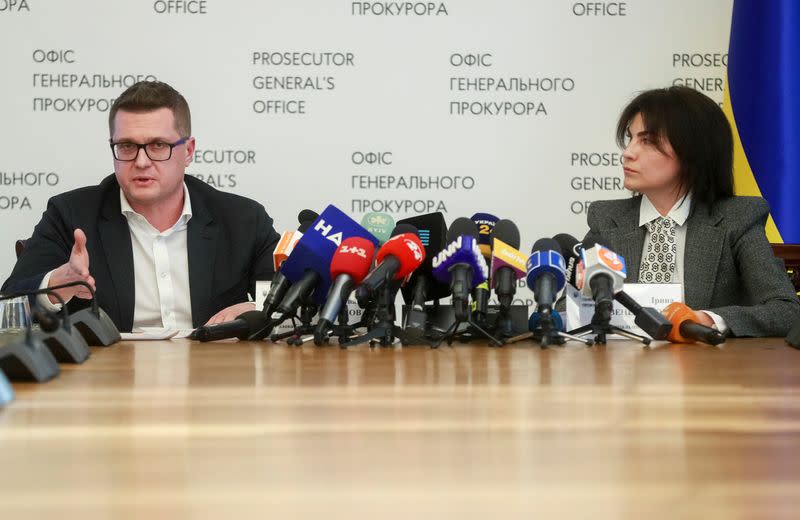 Head of the Security Service of Ukraine (SBU) Bakanov and Ukraine's Prosecutor General Venediktova attend a news briefing in Kyiv