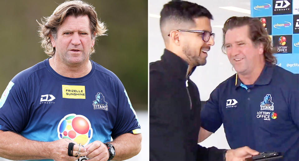 Gold Coast coach Des Hasler left one NRL reporter dumbfounded after abruptly calling an end to a press conference. Pic: Getty/Nine