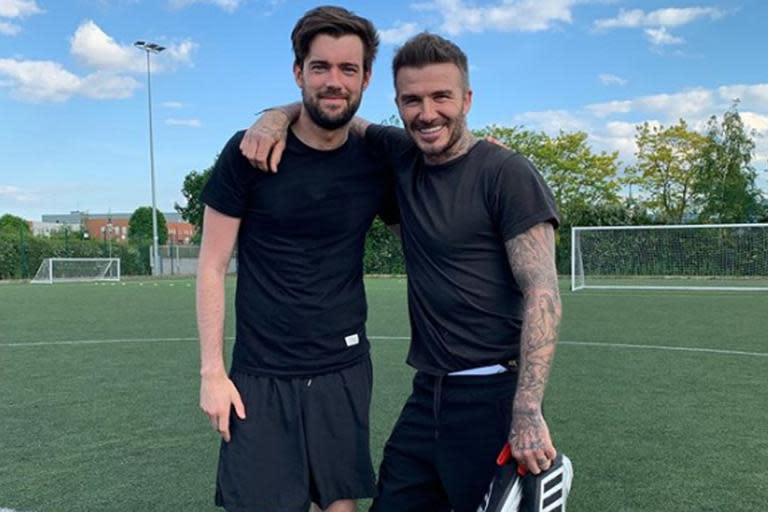 David Beckham hits the football pitch with Jack Whitehall ahead of Old Trafford return