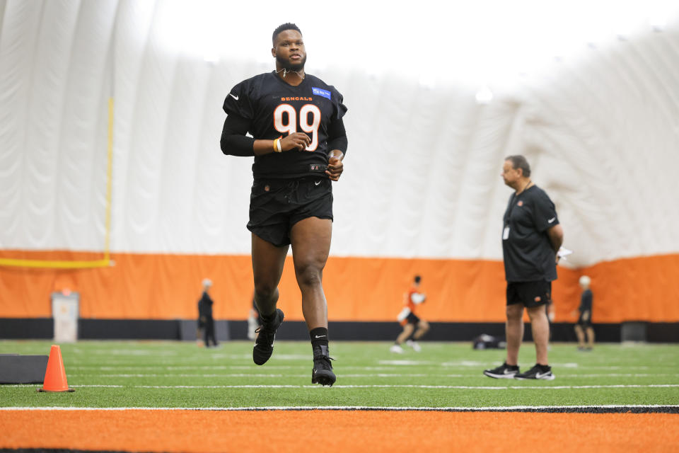 Cincinnati Bengals' Myles Murphy takes part in drills at the NFL football team's rookie minicamp in Cincinnati, Friday, May 12, 2023. (AP Photo/Aaron Doster)