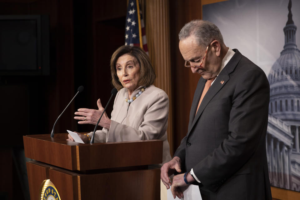 House Speaker Nancy Pelosi (D-Calif.) and Senate Minority Leader Chuck Schumer (D-N.Y.) are seeking additional funding for their priorities on top of the $250 billion sought by Republicans for the so-called Paycheck Protection Program. (Photo: Tasos Katopodis via Getty Images)