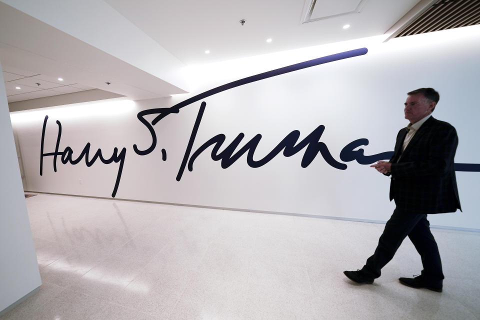 Museum director Kurt Graham leads a tour of the Harry S. Truman Presidential Library and Museum Wednesday, June 9, 2021, in Independence, Mo. The facility will reopen July 2 after a nearly $30 million renovation project. (AP Photo/Charlie Riedel)