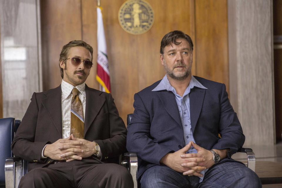 Russell Crowe and Ryan Gosling during a scene in "The Nice Guys"