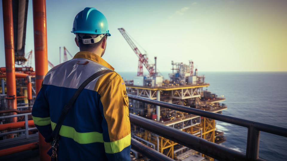A worker in a hardhat and safety vest standing atop an offshore drilling rig, overlooking the sea.