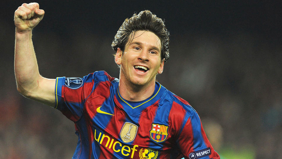 Lionel Messi is seen here celebrating during a match for Barcelona.