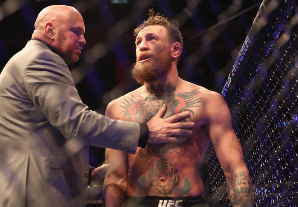 Conor McGregor reacts after tapping out vs. Khabib Nurmagomedov at UFC 229 inside T-Mobile Arena on Saturday in Las Vegas. (Christian Petersen/Zuffa LLC)