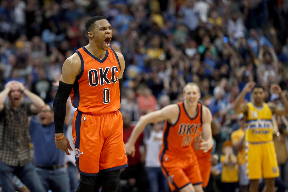 Russell Westbrook’s game-winner against the Nuggets in April was spectacular. (Photo by Matthew Stockman/Getty Images)
