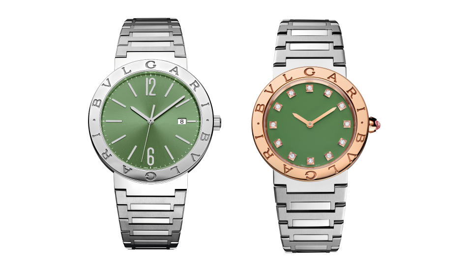 ▲左圖為BVLGARI BVLGARI MAN 精鋼綠色漆面腕錶；右圖為BVLGARI BVLGARI LADY 精鋼與玫瑰金綠色漆面腕錶。圖/寶格麗提供