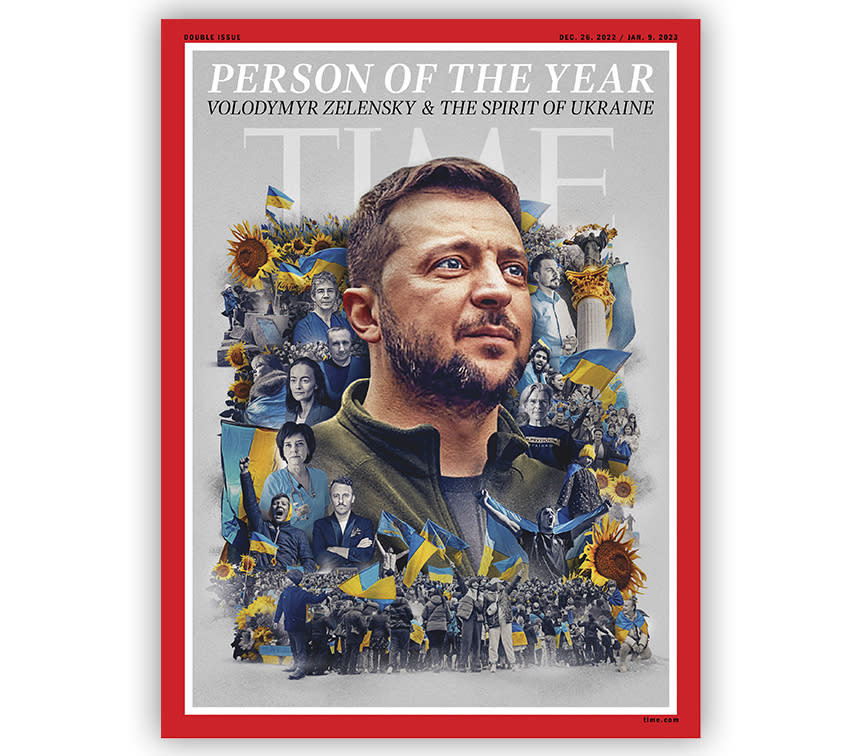 Cover of Time magazine with image of Zelensky surrounded by Ukrainian flags and various people reads: Person of the year, Volodymyr Zelensky & the spirit of Ukraine.
