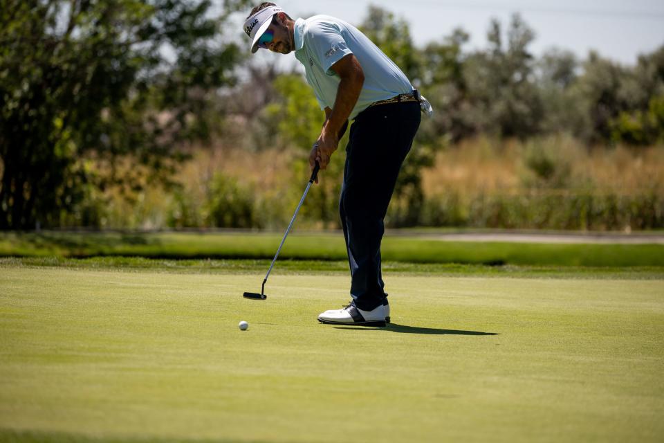 Jay Card III putts during the Utah Championship, part of the PGA Korn Ferry Tour, at Oakridge Country Club in Farmington on Saturday, Aug. 5, 2023. | Spenser Heaps, Deseret News
