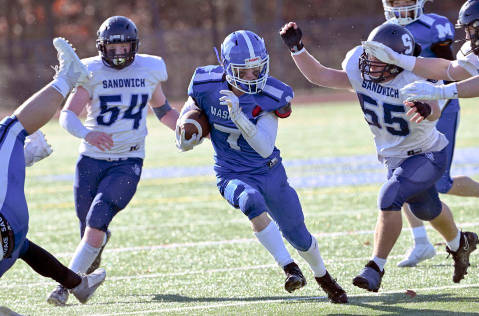 Chase Weinstein of Mashpee races between Stephen Trombrly (55) and Nolan Cochrane of Sandwich.