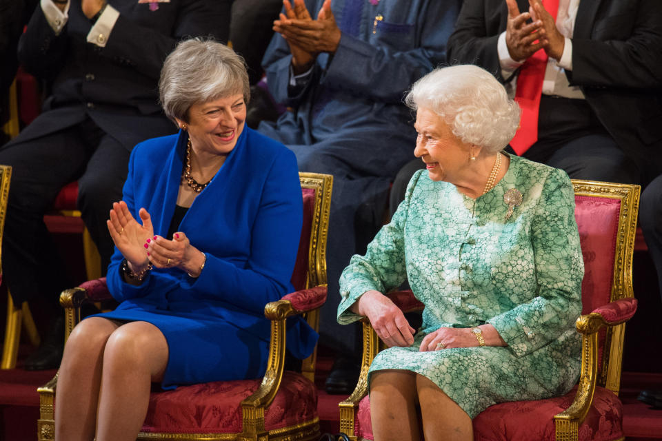 File photo dated 19/04/2018 of Prime Minister Theresa May with Queen Elizabeth II at the formal opening of the Commonwealth Heads of Government Meeting in the ballroom at Buckingham Palace in London. The Queen died peacefully at Balmoral this afternoon, Buckingham Palace has announced. Issue date: Thursday September 8, 2022.