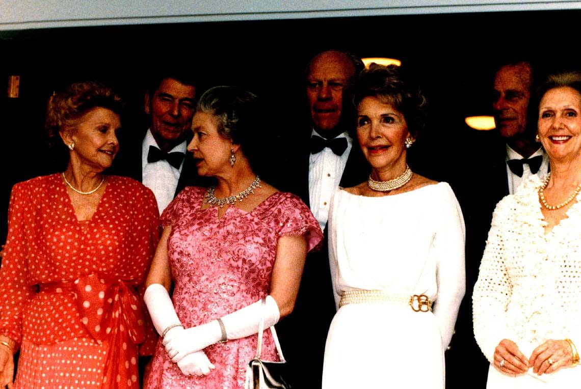 In May 1991 Britain’s Royal Family, led by Queen Elizabeth II and her husband Prince Philip, visited Miami. The couple hosted several guests on board the Britannia. In this file photo are, from left to right: former First Lady Betty Ford, former President Ronald Reagan, Queen Elizabeth, former President Gerald Ford, former First Lady Nancy Reagan, Prince Philip and former Florida First Lady Rhea Chiles, wife of then-governor Lawton Chiles.