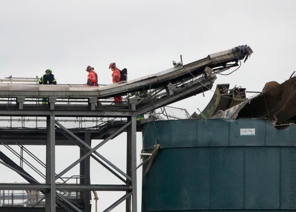 <p>Emergency services at the scene of a fatal explosion at water treatment works in Avonmouth, near Bristol</p> (EPA)