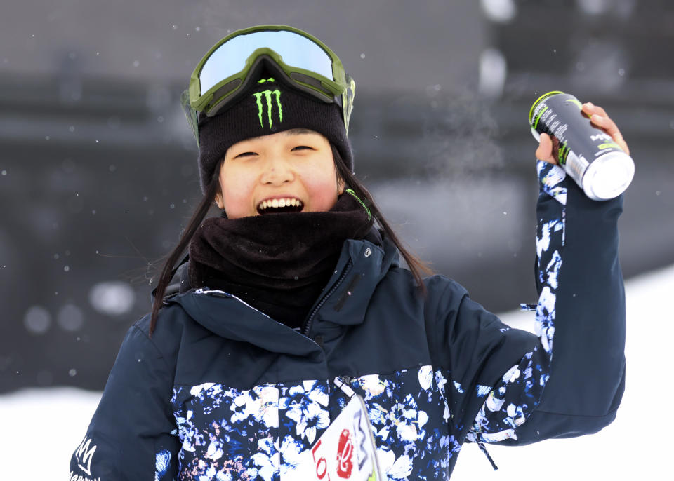 FILE -South Korea's Gaon Choi celebrates on the Winter X Games Aspen podium after winning a gold medal in the women's snowboard halfpipe final on Saturday, Jan. 28, 2023, at Buttermilk Ski Area i Aspen, Colo. The South Korean snowboarder at 14 years old became the youngest women's snowboard halfpipe winner at last month's X Games. (Austin Colbert/The Aspen Times via AP, File)