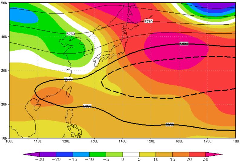 太平洋高壓（黑色粗實線）罩在台灣上空。（圖／翻攝自賈新興臉書）
