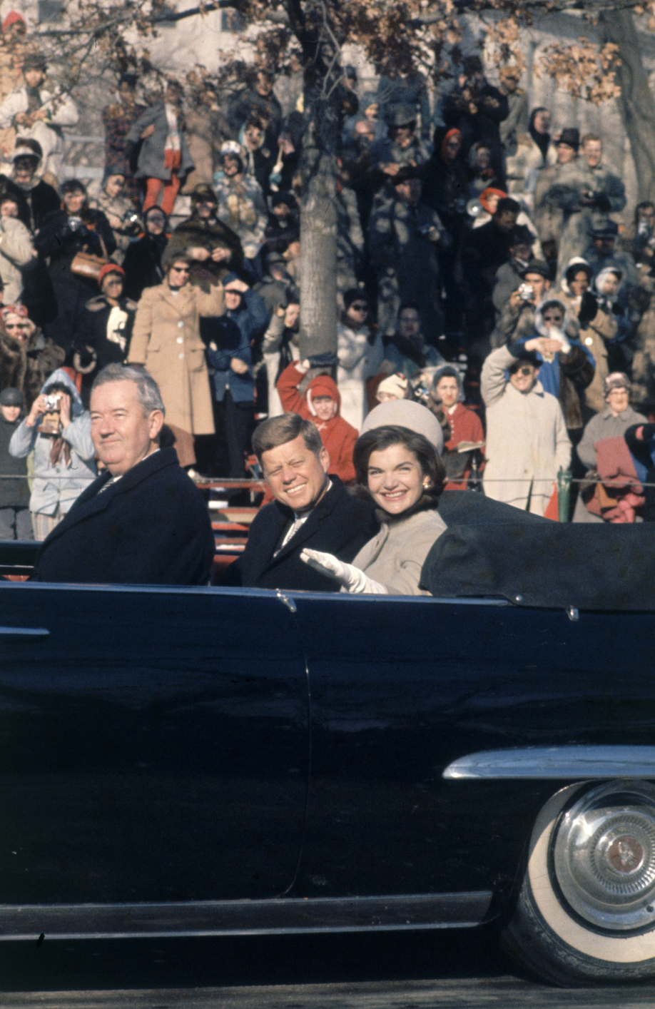 <p>Newly elected president John F Kennedy rides with his wife Jacqueline in the Inaugural Parade. </p>