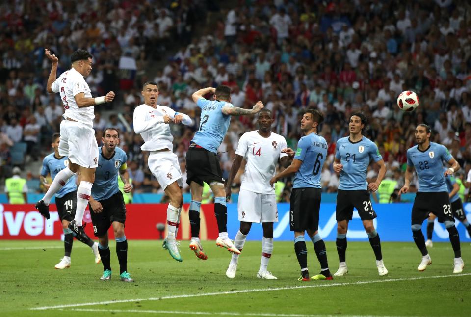 <p>Pepe heads home from a second-half corner to level for Portugal. It is the first goal Uruguay conceded at this World Cup </p>