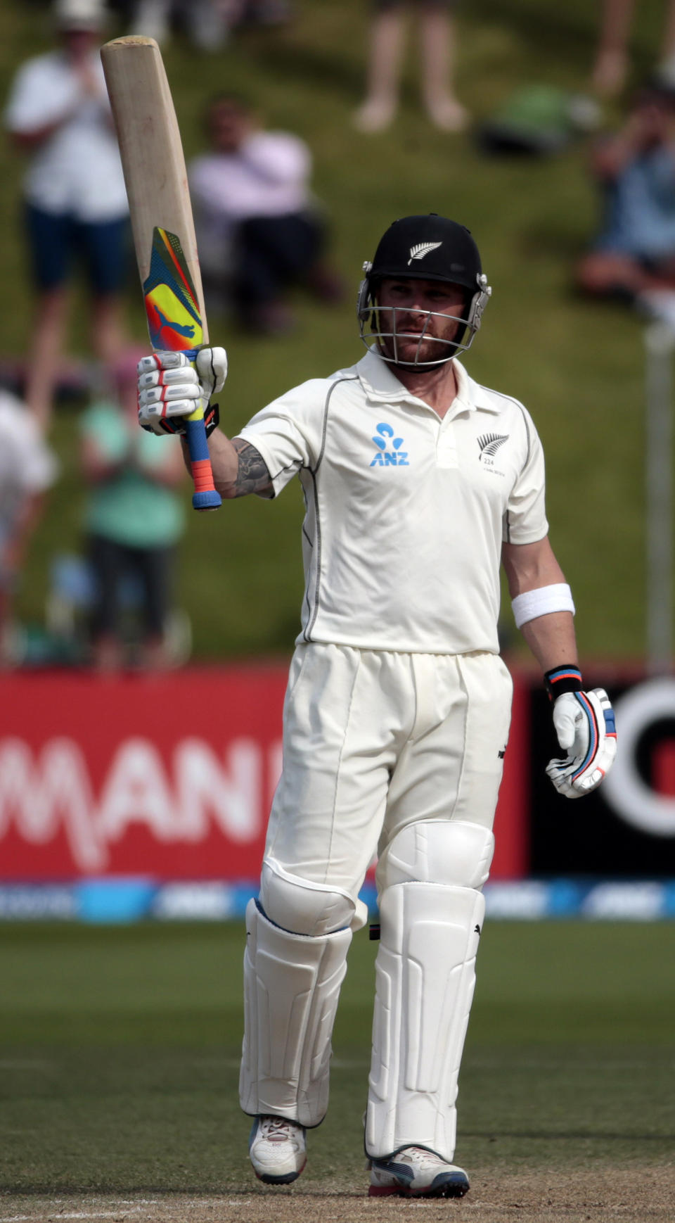 New Zealand's Brendon McCullum acknowledges his 250 against India during the second innings on day four of the second international test cricket match at the Basin Reserve in Wellington, February 17, 2014.