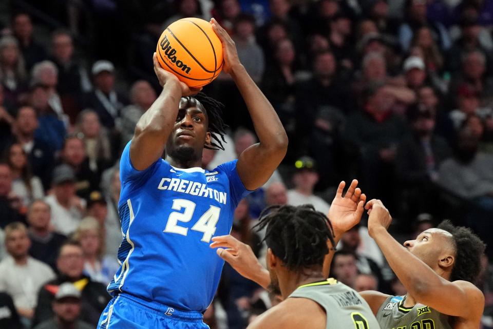 Former Creighton forward Arthur Kaluma (24) puts up a shot against Baylor during a March 19 NCAA Tournament game in Denver. Kaluma announced his commitment to Kansas State on Sunday.