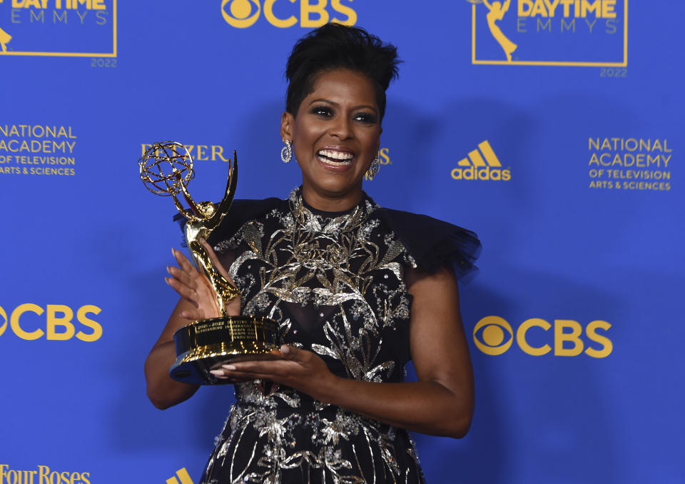 FILE - Tamron Hall poses in the press room with the award for outstanding informative talk show host for "Tamron Hall" at the 49th annual Daytime Emmy Awards on June 24, 2022, in Pasadena, Calif. The “Tamron Hall” show is in its fourth season. (Photo by Jordan Strauss/Invision/AP, File)