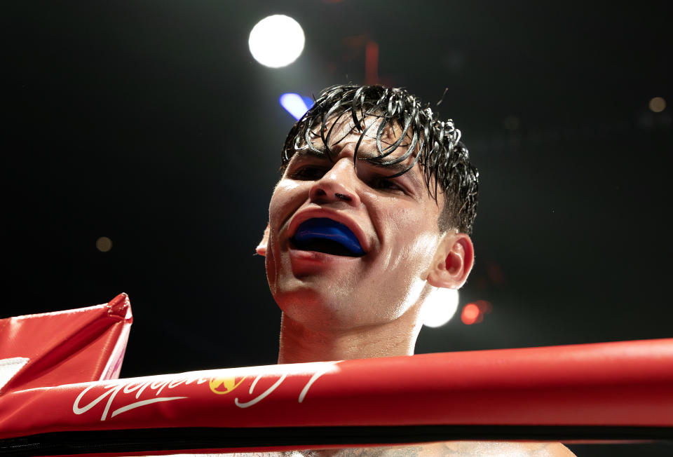 NEW YORK, NEW YORK - APRIL 20: Ryan Garcia reacts after their WBC Super Lightweight title bout against Devin Haney at Barclays Center on April 20, 2024 in New York City. (Photo by Al Bello/Getty Images)