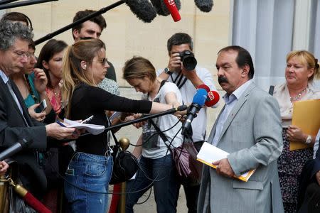 French CGT trade union head Philippe Martinez speaks to journalists after a meeting about French labour law reforms at the Hotel Matignon in Paris, France, June 29, 2016. REUTERS/Jacky Naegelen