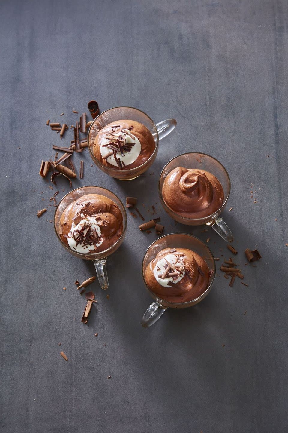 chocolate mousse with chocolate shavings in a glass mug