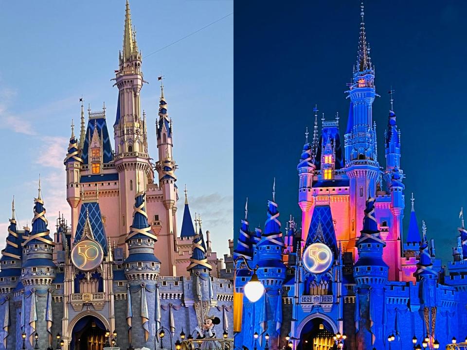 cinderella castle with 50th anniversary makeover in day and night