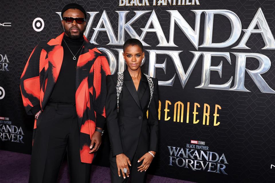 HOLLYWOOD, CALIFORNIA - OCTOBER 26: (L-R) Winston Duke and Letitia Wright attend Marvel Studios' "Black Panther: Wakanda Forever" premiere at Dolby Theatre on October 26, 2022 in Hollywood, California. (Photo by Amy Sussman/WireImage)