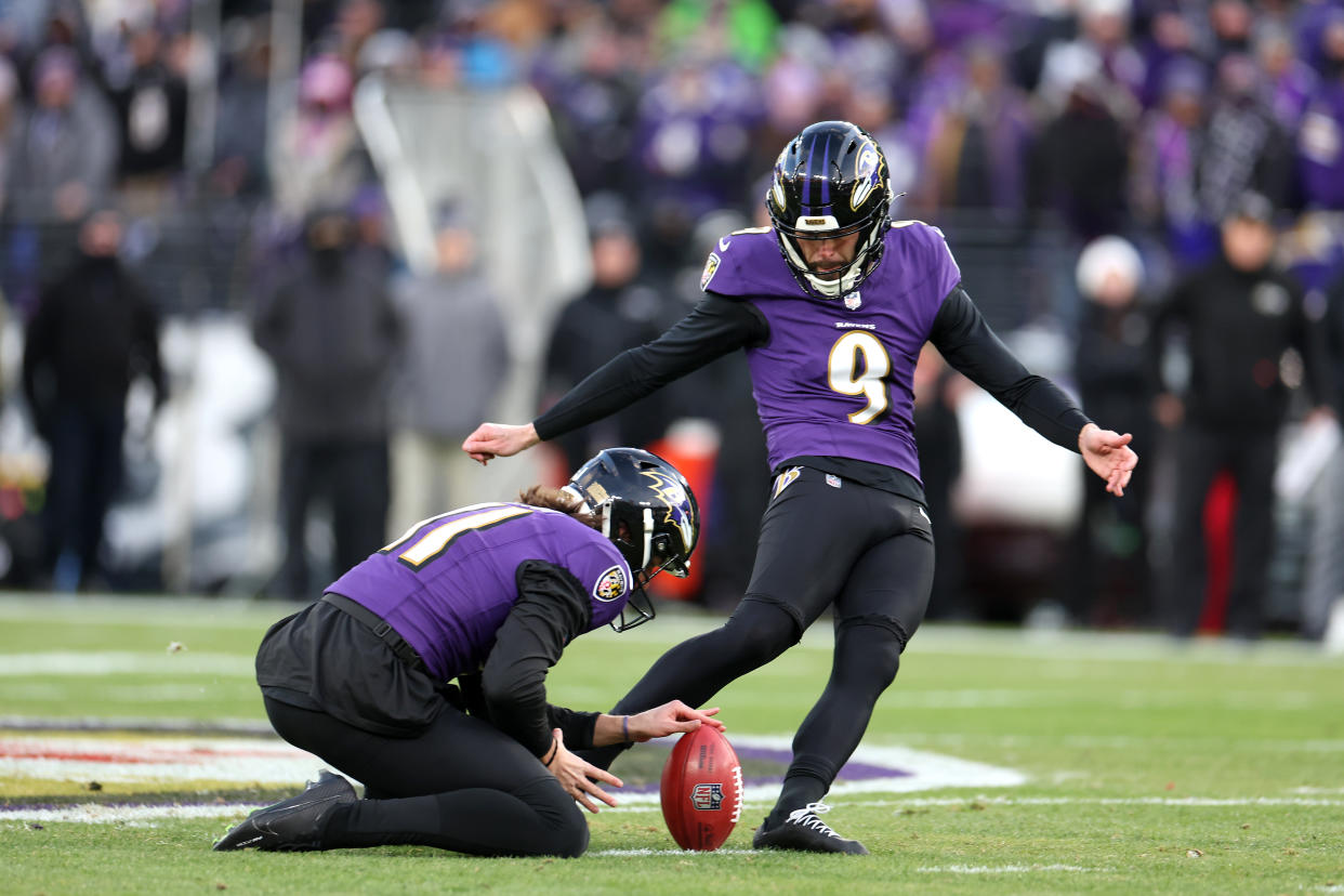 Place kicker Justin Tucker #9 of the Baltimore Ravens 