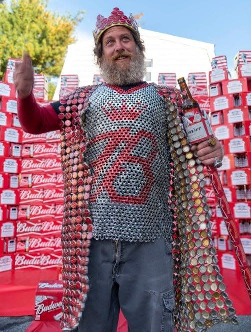 Paul Castro, of Warren, Rhode Island, recently won the "King of Bud" contest by Budweiser thanks to this custom-made royal outfit, made from over 1,000 bottlecaps and hundreds of can-tabs.