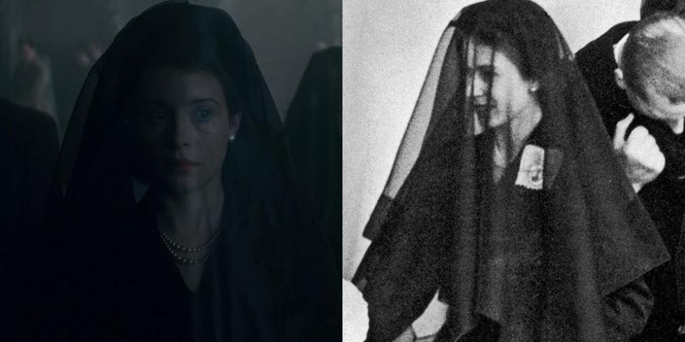 <p>During the mourning period of King George, Princess Elizabeth, Princess Margaret and their mother were seen in black long sleeve mid-length dresses and thin black veils.</p>